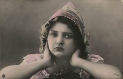 Young Girl with Pink Bonnet and Dress, Hands on Chin Postcard