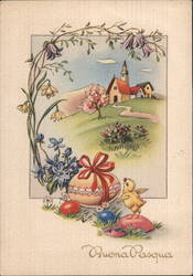 Buona Pasqua: Chick with Easter Egg and Village Church Postcard Postcard Postcard