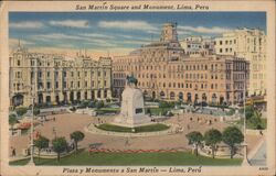 Plaza San Martín, Lima, Peru - Linen Postcard Postcard