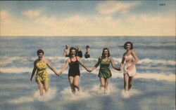 Four Women Holding Hands Wading in Ocean Surf Swimsuits & Pinup Postcard Postcard Postcard