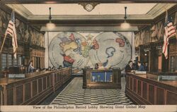 View of the Philadelphia Record Lobby Showing Giant Global Map Pennsylvania Postcard Postcard Postcard