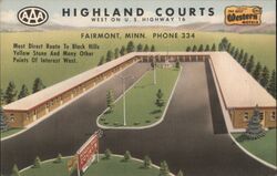 Highland Courts Motel, Fairmont, Minnesota - Linen Postcard Postcard