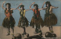 Four Hula Dancers in Honolulu, with Gourds and Instruments Hawaii Postcard Postcard Postcard