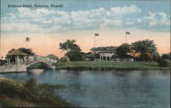 Haleiwa Hotel, Tranquil Sunset View with Footbridge Postcard