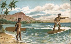 Hawaiian Men Surfing with Diamond Head in Background Surfing and Waterskiing Postcard Postcard Postcard