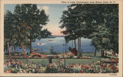 Lake Chautauqua View from Bemus Point, NY - Lush Garden Scene New York Postcard Postcard Postcard