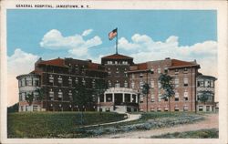 Jamestown General Hospital, NY - Brick Building with US Flag Postcard