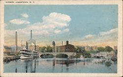 Jamestown NY Harbor with Steamboats and Bridge Postcard