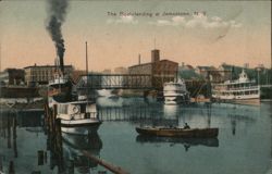 Jamestown, NY Boat Landing with Steamers and Railroad Bridge Postcard