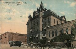 Jamestown, NY City Hall & Fire Department with Horse-Drawn Fire Wagon Postcard