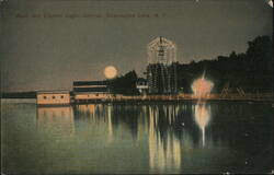 Moon and Electric Light, Celoron, Chautauqua Lake, NY Postcard