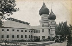 Celoron NY Auditorium with Onion Domes & Early Automobiles Postcard