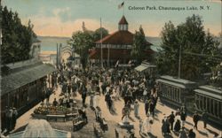 Celoron Park, Chautauqua Lake, Crowds and Trolley Postcard