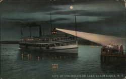 City of Cincinnati Steamer at Night on Lake Chautauqua, NY Postcard