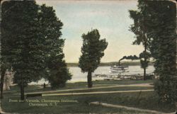 Chautauqua Institution Veranda View with Steamer on Lake Chautauqua Postcard