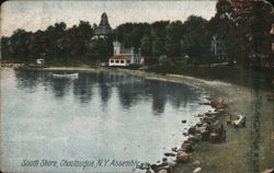 South Shore, Chautauqua Assembly, NY - Lakeside View with Boats and Figures New York Postcard Postcard Postcard