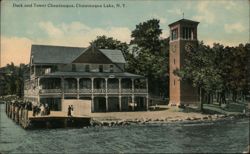 Chautauqua Lake Dock and Miller Bell Tower Postcard