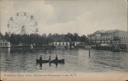 Panorama Shore View, Celoron on Chautauqua Lake Ferris Wheel & Rowboats Postcard