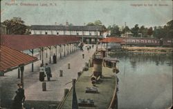 Mayville, Chautauqua Lake, NY - Steamer, Train, and Covered Dock Postcard