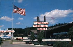 Original Wisconsin Ducks Amphibious Vehicles and American Flag Postcard