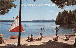 Edwards on Wentworth: Beach Scene with Waterskiing and Sailboat Wolfeboro, NH Postcard Postcard Postcard