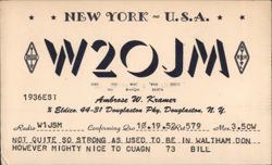 W2OJM QSL Card, 1936, Ambrose Kramer, Douglaston, NY Postcard