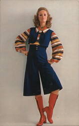 1970s Fashion Model in Striped Top and Culottes with Red Boots Postcard