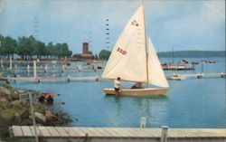 Sailboat on Chautauqua Lake with Miller Bell Tower New York Postcard Postcard Postcard