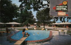 Marietta Motel, Swimming Pool, and Adjacent Restaurant Postcard