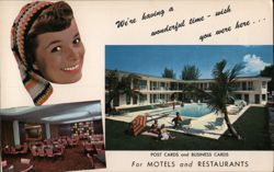 Motel Pool and Restaurant Interior Postcard