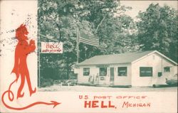 Hell, MI Post Office with Devil Mascot and US Flag Michigan Postcard Postcard Postcard