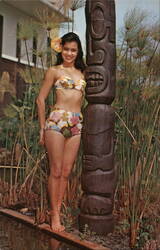 Miss Kauai and Tiki Statue in Hawaii Swimsuits & Pinup Postcard Postcard Postcard