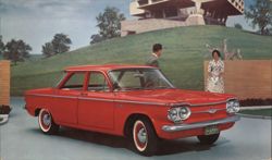 1961 Red Chevrolet Corvair 700 4-Door Sedan Cars Postcard Postcard Postcard