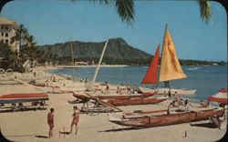 Waikiki Beach, Honolulu, Hawaii with Sailboats and Outrigger Canoes Postcard