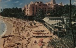 Waikiki Beach with Outrigger Canoes and the Royal Hawaiian Hotel Postcard