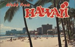 Waikiki Beach and Hotels Framed by Palm Trees, Hawaii Postcard