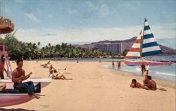 Waikiki Beach at Hawaiian Village Hotel with Diamond Head Postcard