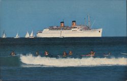 SS Lurline Cruise Ship, Waikiki Beach Surfers, Honolulu, Hawaii Postcard