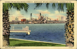 Highway And Railroad Across St. John'S River, Skyline In Background Postcard