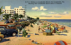 Bathing on Lauderdale Beach Showing New Lauderdale Beach Hotel in Distance Postcard