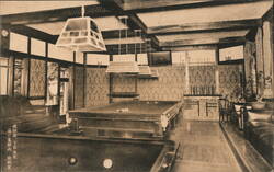 Billiards Room Interior with Wallpaper, Hanging Lights, and Cue Rack Postcard