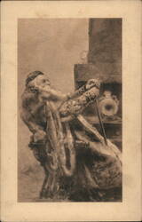 Boyar in Fur Coat with Tattoos, Leaning on Cane by Fireplace Postcard