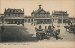 Dunkirk Train Station with Horse-Drawn Carriages Dunkerque, France Postcard Postcard Postcard