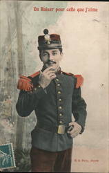 French Soldier with Hand on Chin: "A Kiss for the One I Love" World War I Postcard Postcard Postcard