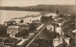 Grandson, Switzerland: Lakeside View with Steamboat and Railway Postcard