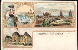 Souvenir de Lausanne, Switzerland: Woman with Basket, Cityscape, and Building Postcard