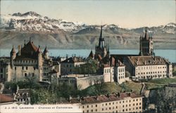 Lausanne Chateau & Cathedral with Mountain View Postcard