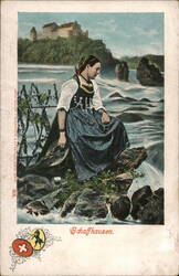 Woman in Traditional Swiss Dress by the Rhine Falls, Schaffhausen Postcard