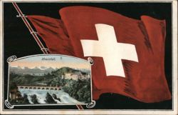 Swiss Flag with Rhine Falls View Postcard