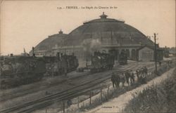 Troyes Train Depot with Steam Locomotives Postcard